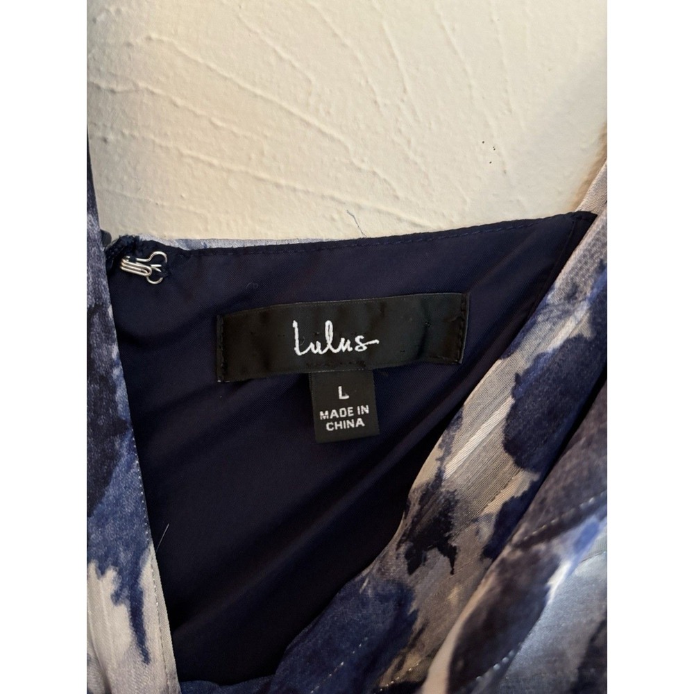 Lulus Blue Floral High Low Maxi Dress Pleated Metallic Stripe Surplice Size L - Picture 7 of 9